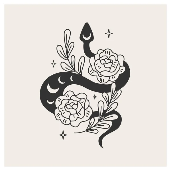 Floral Μαγικό Φίδι Μυστικιστικό Μαύρο Φίδι Ανάμεσα Στα Λουλούδια Εικονογράφηση — Διανυσματικό Αρχείο