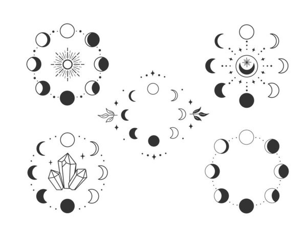 Moon phases collection. Natural celestial cycle. Mystical symbol. Celestial object. Suitable for the design of cosmetics, spa treatments, massage, beauty industry, as well as for the design of postcards, posters, stationery and as a tattoo