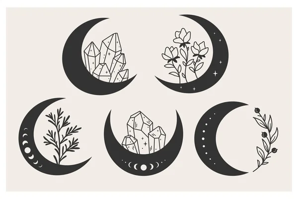 Collection Crescent Moon Magic Crystals Wildflowers Branches Mystical Symbol Celestial — Stockový vektor