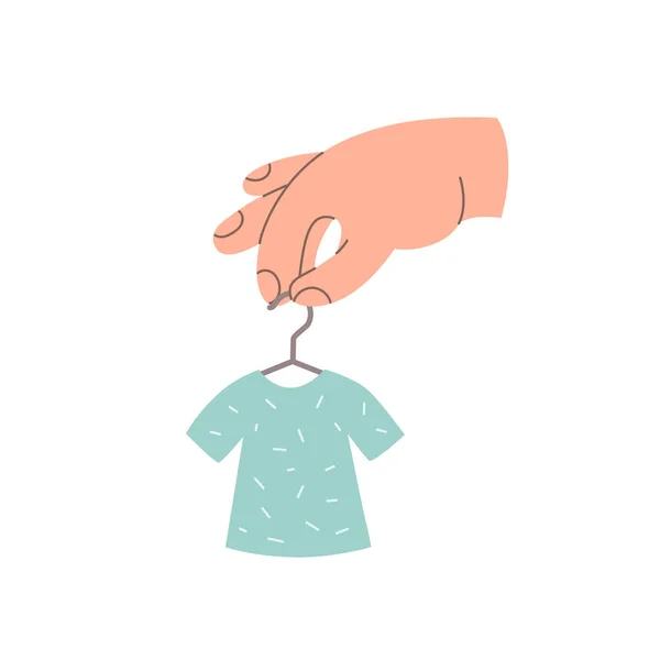 Hand Hält Einen Kleiderbügel Mit Shirt Das Konzept Der Kleiderspende — Stockvektor