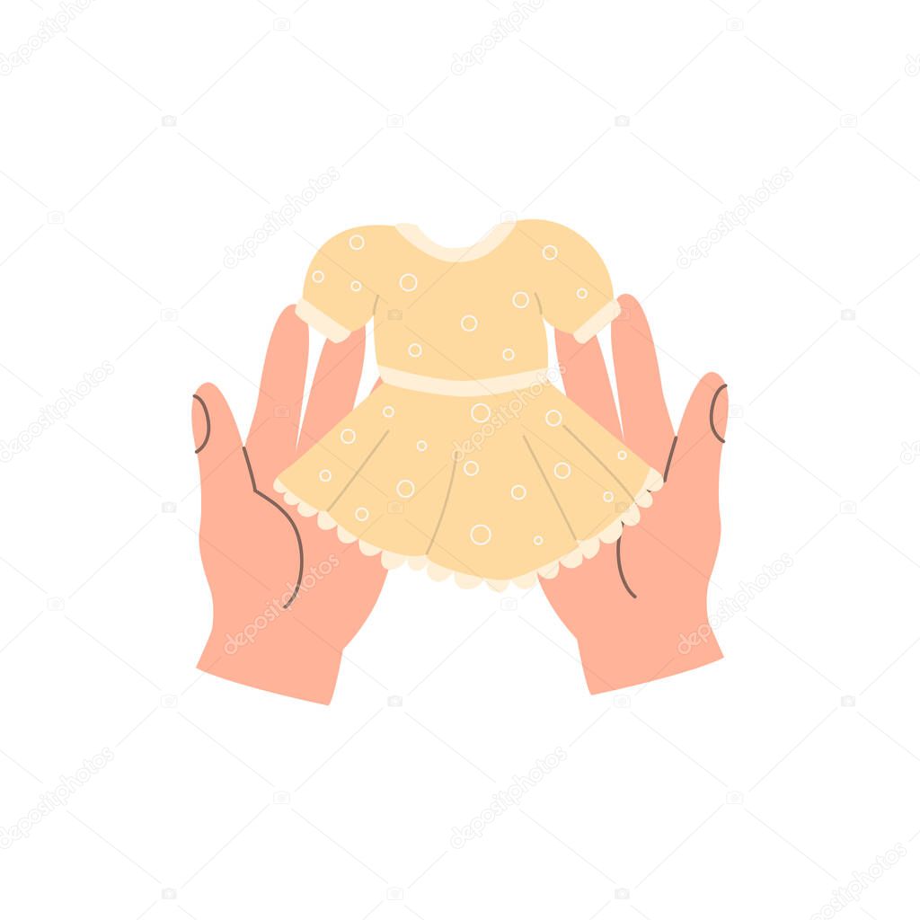 Hands holding out baby dress. The concept of clothing donation, help for the needy, second hand, smart consumption. Flat vector illustration. Design for logo or emblem