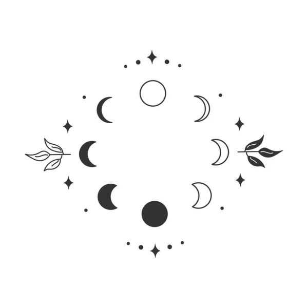 Волшебные Фазы Луны Листьями Линейный Рисунок Подходит Дизайна Косметики Спа — стоковый вектор