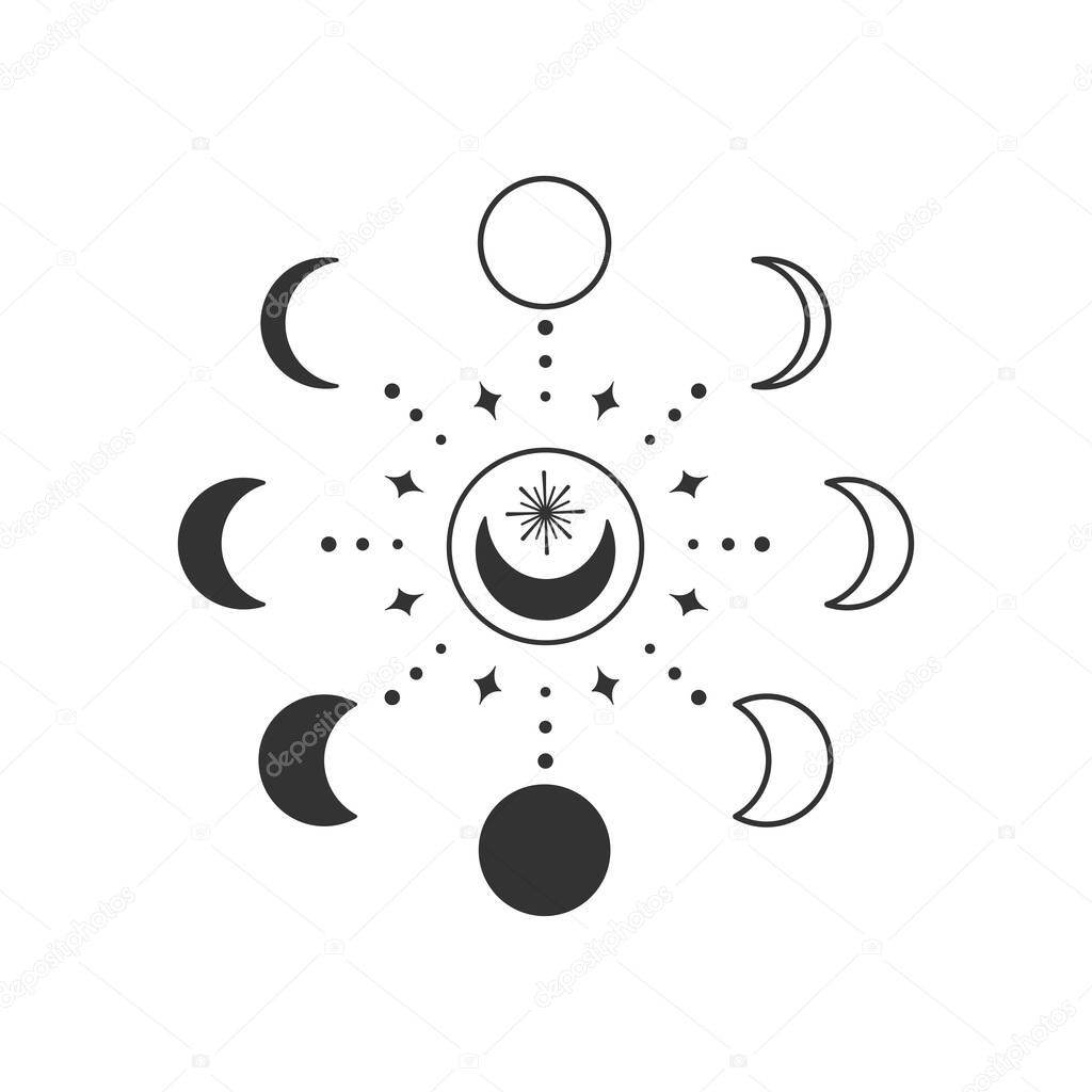 Moon phases. Symbolic magic drawing. Good for the design of beauty products, magic and spirit shops and merchandise, tattoos. Vector illustration.