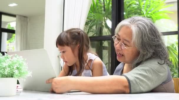 Asiatiska Mormor Med Sina Två Barnbarn Har Roligt Och Spela — Stockvideo