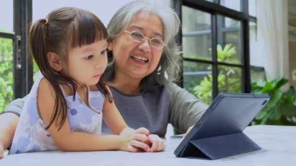 Asiatische Großmutter Mit Ihren Beiden Enkelkindern Die Mit Einem Digitalen — Stockvideo
