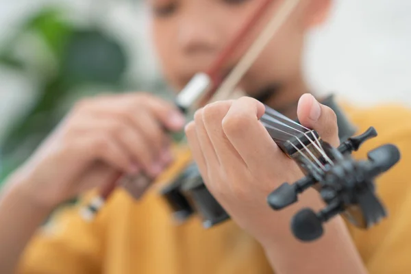 Little Asian Kid Playing Practice Violin Musical String Instrument Home — Stock Photo, Image