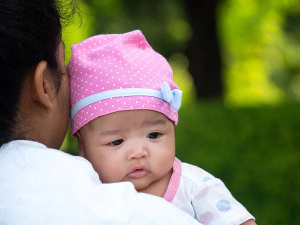 Portrait Happy Asia Mother Holding His Newborn Sweet Baby Dressed — Stock Photo, Image