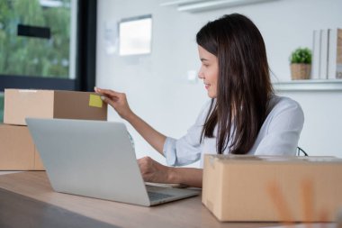 Mutlu Asyalı genç girişimci, çek üstüne çek yazın ve çevrimiçi alışveriş mağazasının başarısı için gülümseyin, tüccar, küçük işletme kavramı, çevrimiçi iş ve eCommerce.