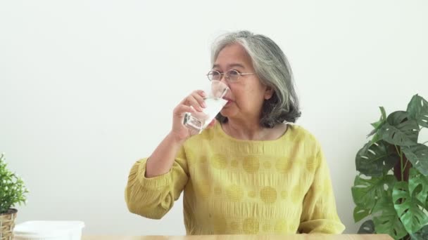 为了健康 快乐的亚洲老年妇女正在喝瓶装水 生活方式 — 图库视频影像