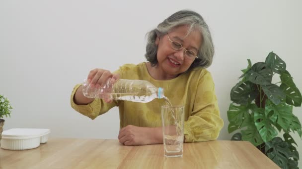 Glückliche Ältere Asiatische Frauen Trinken Wasser Aus Flaschen Für Eine — Stockvideo