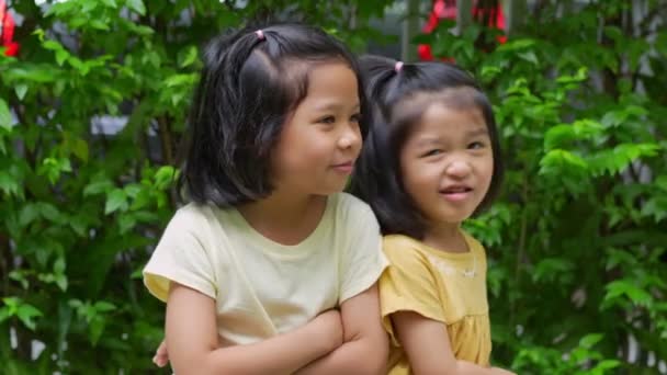 Dos Hermanas Hermanas Felices Abrazándose Divirtiéndose Aire Libre Verano Sonriendo — Vídeo de stock