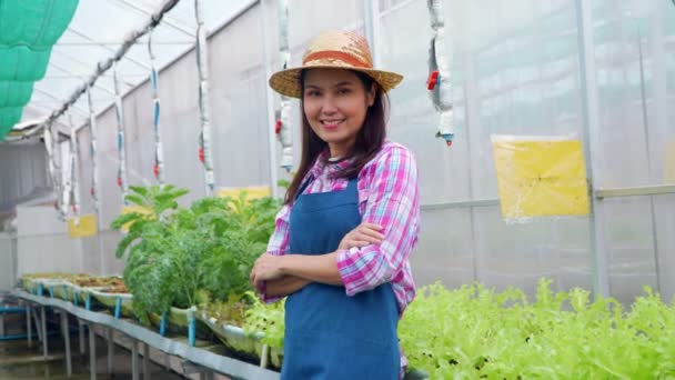 Увеличить Портрет Счастливой Азиатской Женщины Фермера После Проверки Свежего Овощного — стоковое видео