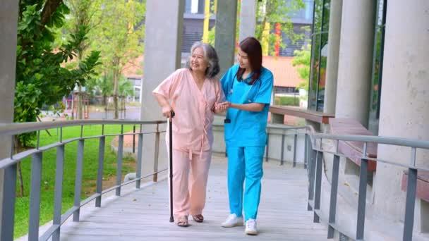 Medico Aiuto Vecchia Anziana Donna Asiatica Utilizza Deambulatore Camminare Fisioterapia — Video Stock