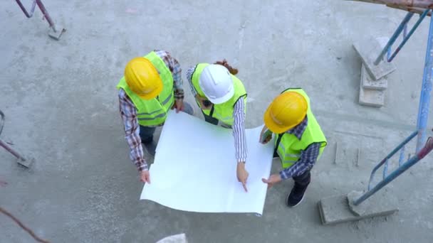 Group Engineer Architect Put Helmet Safety Look Blueprint Talk Contractor — Stok Video
