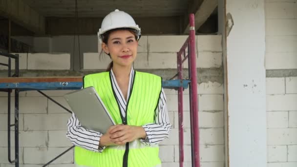 Portrait Asian Women Engineer Architect Put Helmet Safety Holding Computer — Wideo stockowe