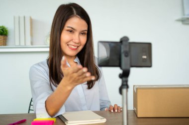 Başarılı iş kadını vlogger koçu video canlı ve eğitim için kameraya konuşuyor insanlara çevrimiçi pazarlamayı nasıl başaracaklarını öğretiyor, küçük işletme sahibi, çevrimiçi pazar dağıtımı kavramı