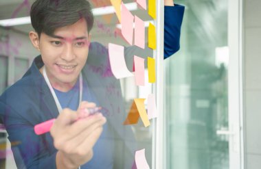 Yaratıcı genç işadamı elinde bir işaret ve yazı planı tutuyor ve cam duvara yapışkan bir notla fikir paylaşıyor, beyin fırtınası yapıyor, tartışıyor ve formüle ediyor, teknoloji bürosundaki iş stratejilerini anlatıyor..