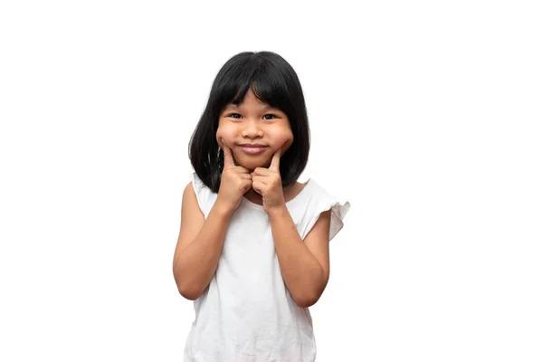 亚洲儿童的画像 在孤零零的白色背景上收集头发和大大的笑容 她是幸福的 青春灿烂 — 图库照片