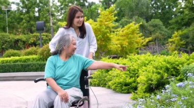 Tekerlekli sandalyedeki hastayla ilgilenen Asyalı dikkatli bir bakıcı ya da hemşire. Bakıcının, birikimin ve sağlık sigortasının özenle mutlu emeklilik kavramı. Mutlu bir aile.