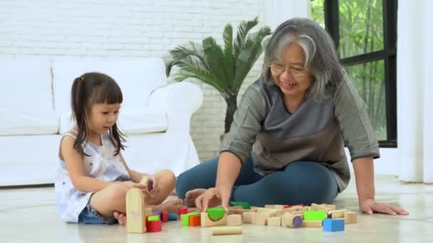 Schattig Klein Meisje Spelen Met Kleurrijke Speelgoed Blokken Met Oma — Stockvideo