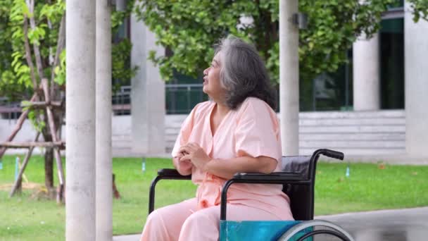Happy Old Elderly Asian Woman Uses Wheelchair Hospital Recovering Accident — Stockvideo