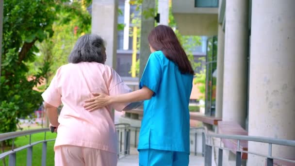 Лікар Допомогає Старенькій Азіатській Жінці Використовувати Ходунки Ходити Фізіотерапію Лікарні — стокове відео
