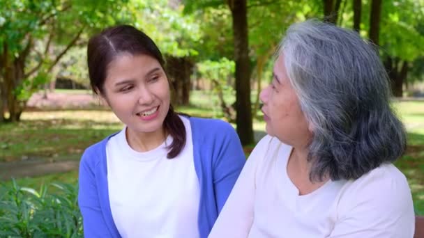 Happy Senior Mother Gray Hair Talk Laugh Daughter Caregiver Park — 图库视频影像