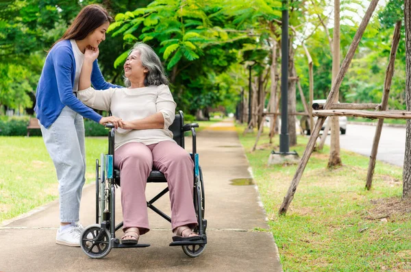 Tekerlekli sandalyedeki hastayla ilgilenen Asyalı dikkatli bir bakıcı ya da hemşire. Bakıcının, birikimin ve sağlık sigortasının özenle mutlu emeklilik kavramı. Mutlu bir aile.