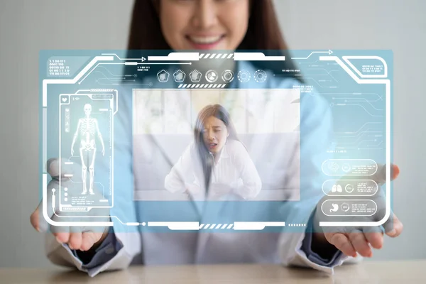 Doctor visual interface equipment online conference with the patient to monitor and ask for symptoms of disease And give advice and consultation of health care, telemedicine, and telehealth concept.