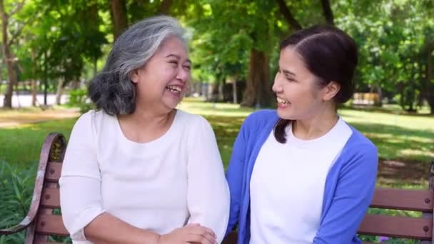 Happy Senior Mother Gray Hair Talk Laugh Daughter Caregiver Park — 图库视频影像