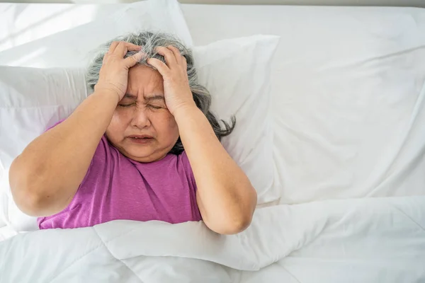 Senior Woman Gray Hair Bed Feel Depressed Suffering Strong Headache —  Fotos de Stock