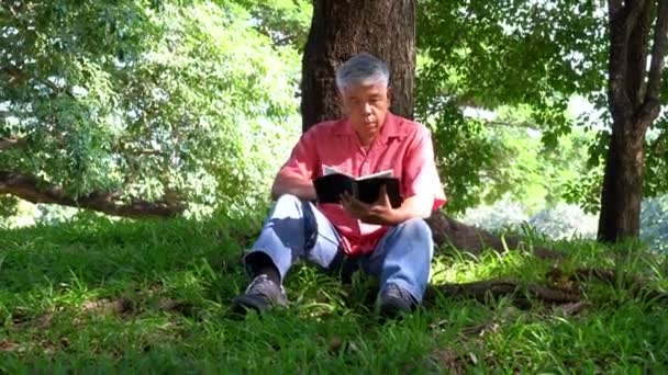 公園の外で灰色の髪の読書本を持つ幸せなアジアの老人 引退後の幸せな高齢者の概念と健康 — ストック動画