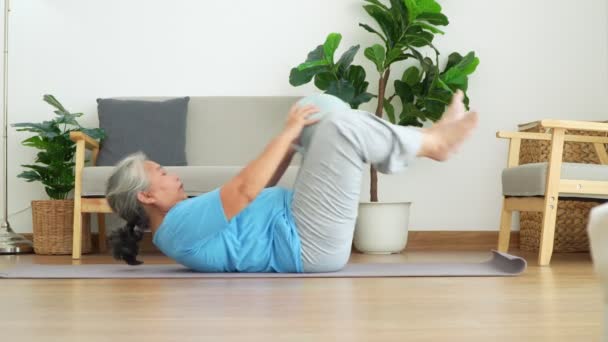 Asian Senior Woman Stretching Exercise Workout Home Active Mature Woman — Vídeo de Stock