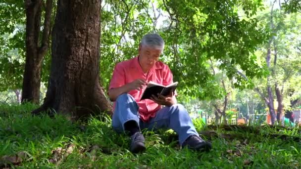 快乐的亚洲老人 头发灰白 在公园外面看书 退休后快乐老人与健康的概念 — 图库视频影像