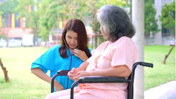 アジア人介護者や看護師が車椅子で高齢者のアジア人患者の世話をする 介護者からのケアと貯蓄と高齢者の健康保険で幸せな退職の概念 高齢者介護 — ストック動画