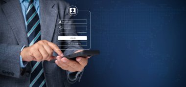 Kullanıcı ve şifreleri yazmak için akıllı telefon kullanan işadamı giriş finansal uygulamaları, kimlik bilgi güvenliği ve şifreleme, internet erişimi için Siber güvenlik kavramı