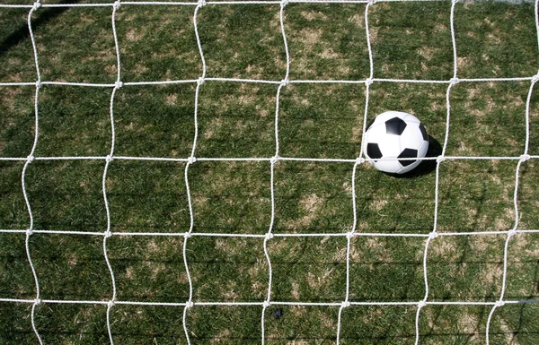 Balón de fútbol y red de goles —  Fotos de Stock