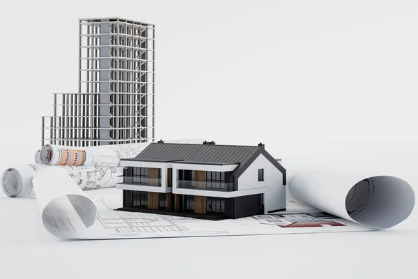 Architectural drawings of houses, concepts from drawing to implementation. 3d illustration.