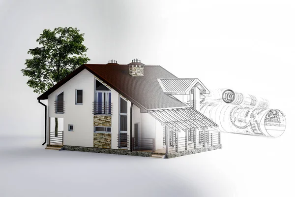 Architectural drawings of houses, concepts from drawing to implementation. 3d illustration.