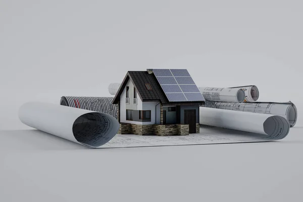 Solar panels, green energy for home, white background, 3d illustration.