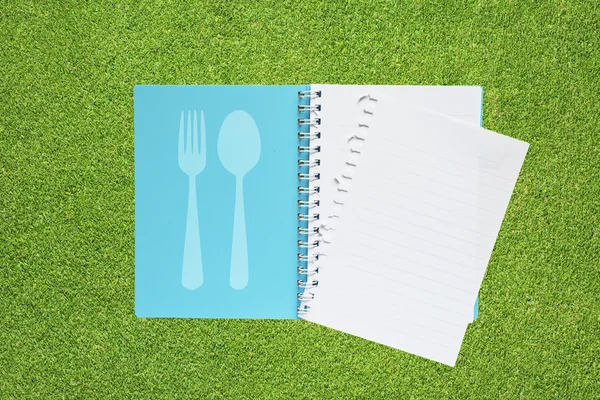 Book with spoon icon on grass background — Stock Photo, Image