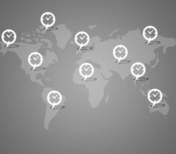 Bouton horloge sur fond de carte du monde — Photo