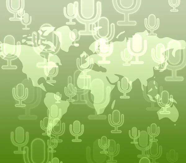 Botão de microfone no fundo do mapa do mundo — Fotografia de Stock