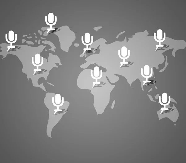 Bouton microphone sur fond de carte du monde — Photo