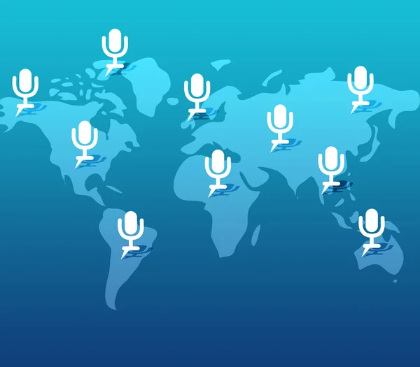 Botão de microfone no fundo do mapa do mundo — Fotografia de Stock