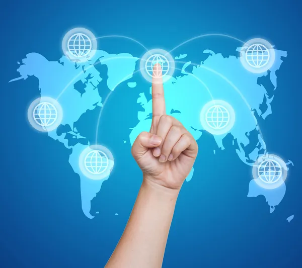 Hand pushing global button on a touch screen interface — Stock Photo, Image