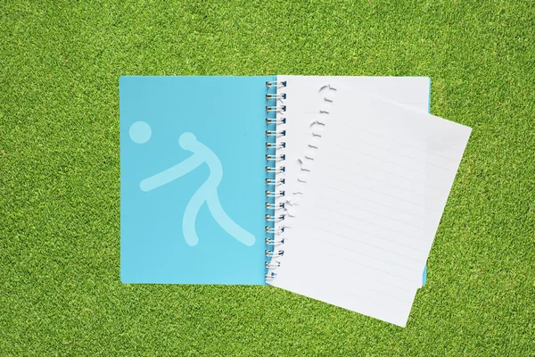 Livro com Sport vôlei bola ícone no fundo da grama — Fotografia de Stock