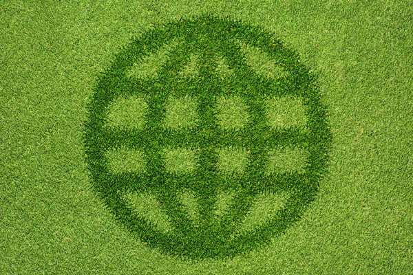 Global icon on green grass texture and background — Stock Photo, Image