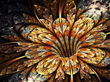 Altın ve parlak fraktal çiçek, dijital sanat