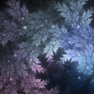 Noel temalı fraktal ağaç dalı ile kar taneleri, yaratıcı grafik tasarım için dijital sanat